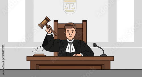 Judge Delivering Verdict In Courtroom With Gavel Decision Symbolism