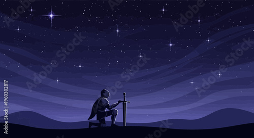 Knight Kneeling Under Starry Sky Serene Contemplation