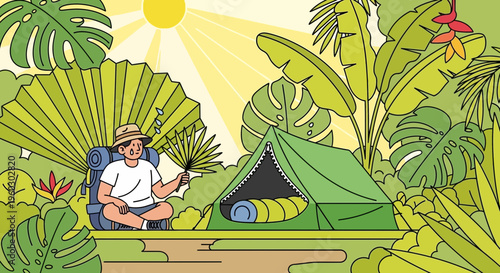 Jungle Explorer Camping Adventure Under Sunny Skies With Lush Green Foliage