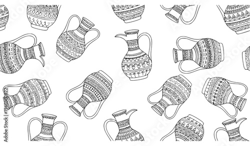 Hand drawn Arabic jug seamless pattern thin line ornamental vector design