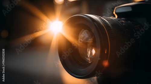 Close-up of a Camera Lens with a Bright Lens Flare.