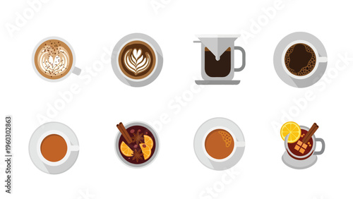 Hot Drinks Top View Icons Collection. Flat Design Coffee, Tea, and Spiced Beverages Illustration Set