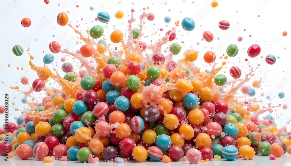 Fototapeta premium Dynamic splash of colorful candies frozen mid-air, high-speed photography effect, isolated on white background, crisp details.