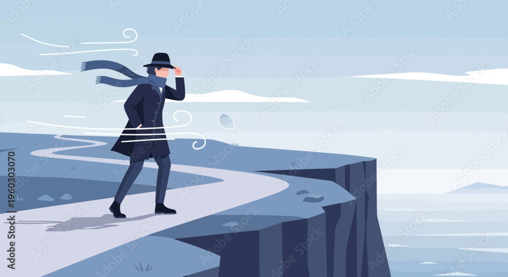 Obraz premium Lone Figure Braves Gusty Winds On Coastal Path