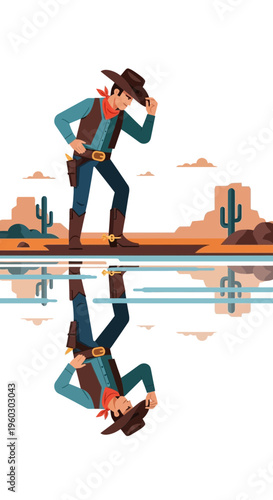 Lone Cowboy Reflects In Desert Oasis Stylized Vector Art