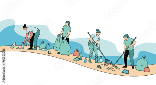 Volunteers Cleaning Up Beach from Plastic Waste, Ocean Conservation and Environmental Protection Vector Illustration
