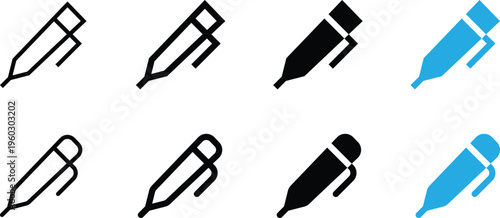 Set of pen icons in different styles, including outline, solid, and colored versions for user interface design
