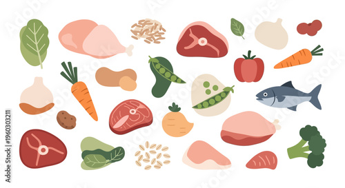 Healthy Food Icons Set with Meat, Fish and Vegetables Illustration