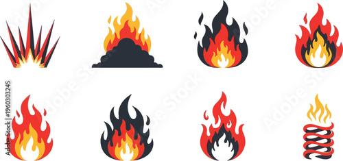 Collection of diverse flame and fire illustrations for graphic design projects and digital art