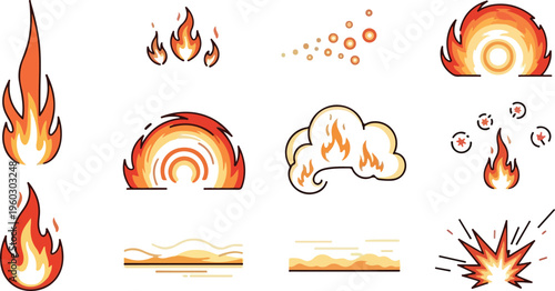 Set of stylized fire effects, flames, sparks, and explosions for design