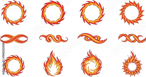 Fiery circular and infinity motifs, abstract flame graphics, and stylized fire elements