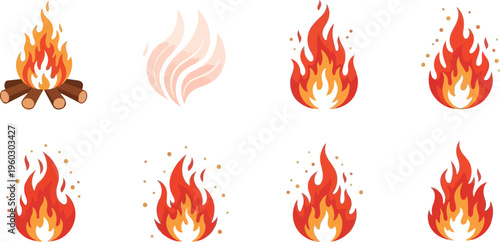 Collection of fire and flame icons, symbolizing heat, energy, and danger