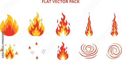 Set of fire icons and flames, representing elements of fire and heat, in a flat vector style
