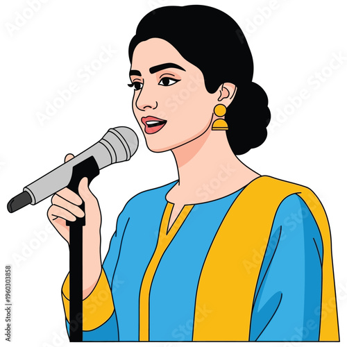 Pakistani woman singing with microphone, female artist performing, wearing traditional dress, vector illustration