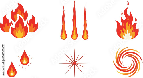Various abstract fire and flame graphics, including stylized embers, drops of fire, and swirling vortexes