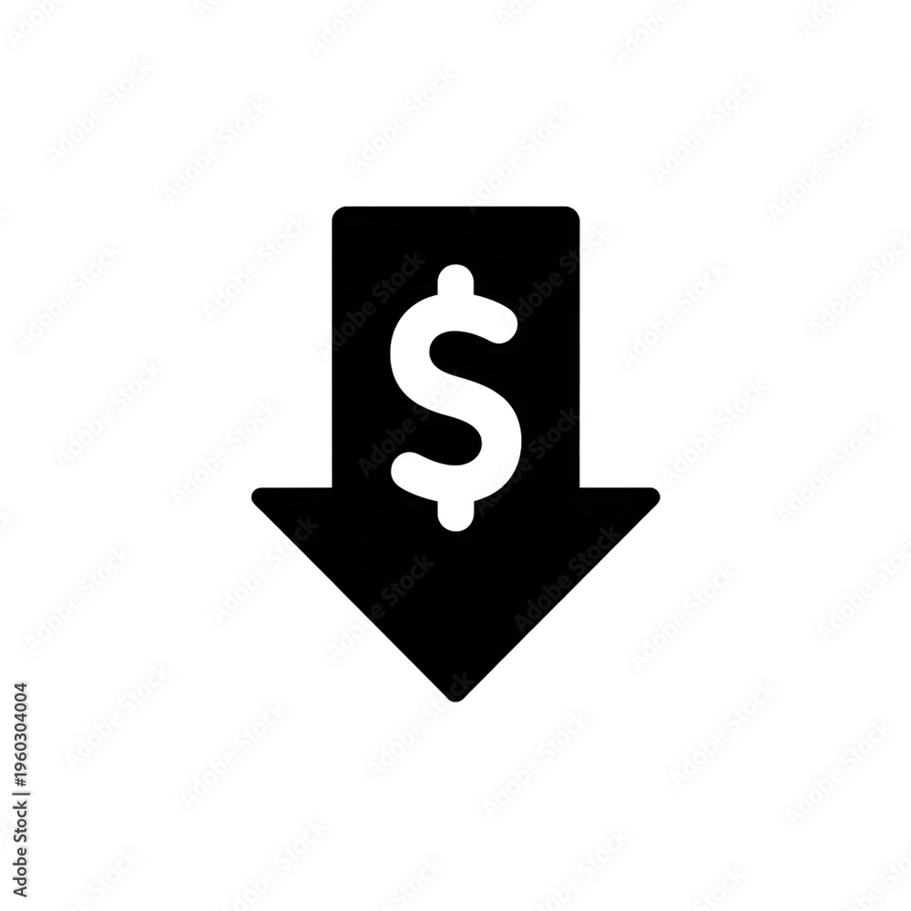 Fototapeta premium Black arrow pointing down with dollar sign symbol for financial decrease icon