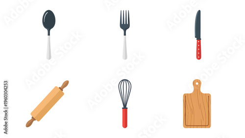 Kitchen Utensils and Cooking Tools Collection. Flat Vector Icons of Spoon, Fork, Knife, Rolling Pin, Whisk, and Cutting Board.