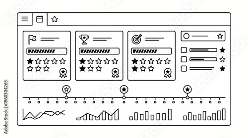 Business dashboard user interface elements displaying progress, target completion, and performance ratings in line art on an isolated white background.