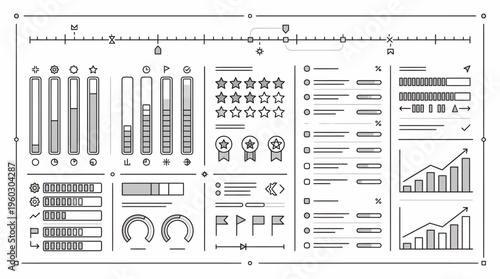 Comprehensive set of UI/UX elements including charts, progress bars, rating stars, and form inputs in line art on an isolated white background.