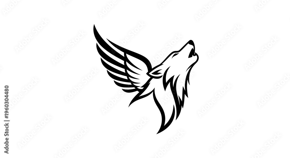 Obraz premium Winged Wolf Head Howling Silhouette - Mystical Creature Emblem