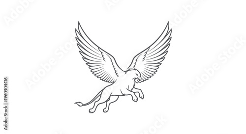 Mythical Griffin creature with wings spread, line art illustration on white background