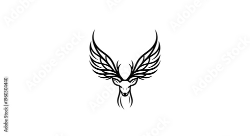 Mythical winged deer head tattoo design, elegant and mystical creature, black ink on white background