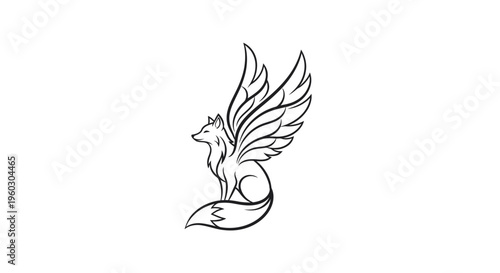 Mythical winged fox silhouette, fantasy creature, elegant line art, isolated on white background