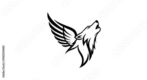 Winged Wolf Head Howling Silhouette - Mystical Creature Emblem