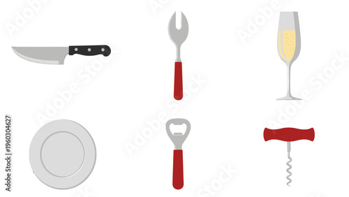 Kitchen & Dining Icons Set: Flat Design Utensils, Tableware, Drinkware & Bar Tools. Knife, Plate, Glass, Corkscrew, Opener