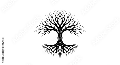 Stylized Tree of Life Silhouette with Intricate Roots and Branches on White Background