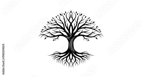 Stylized Black Tree of Life Silhouette with Intricate Roots