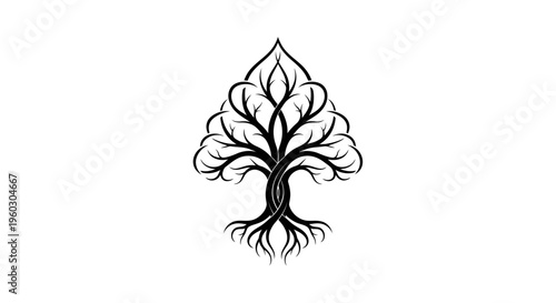 Stylized Black Tree of Life Logo with Roots on White Background