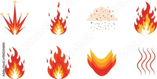Collection of Various Fiery Icons Representing Flames, Sparks, and Heat Elements