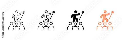 Set of minimalist leadership icons with transparent background, depicting a speaker addressing an audience, business coaching, success, and mentorship, vector illustration