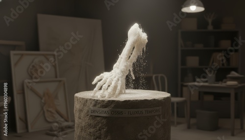 Eroding Crystalline Human Arm Sculpture on Stone Pedestal in Dim Art Studio, Symbolizing Time, Fragility, and Scientific Process