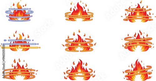 Set of nine circular fire icons with blue, orange, and yellow flames and sparks