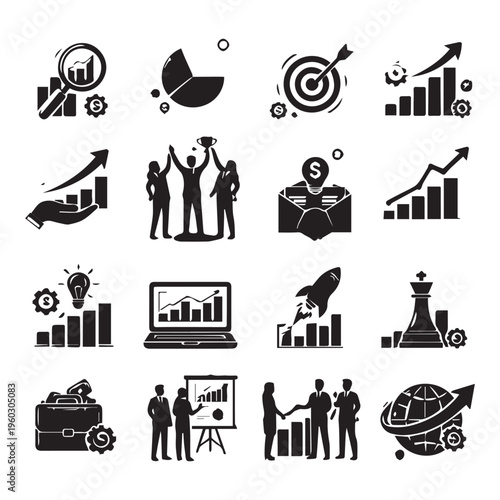Black business icon set featuring growth charts, teamwork, and strategy. Minimalist vector illustrations for finance, success, and corporate digital UI.
