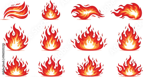 Set of various stylized flame and fire icons representing heat and energy