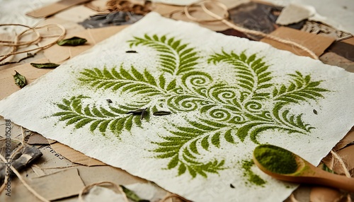 Green Matcha Powder Botanical Pattern on Handmade Paper with Wooden Spoon and Natural Craft Elements