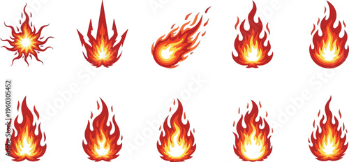Collection of various flame and fire icons representing different heat and combustion effects
