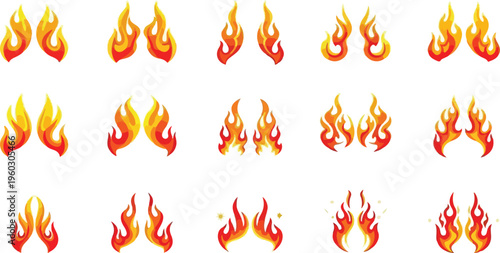 Collection of diverse stylized flame icons with varied colors and shapes for graphic design