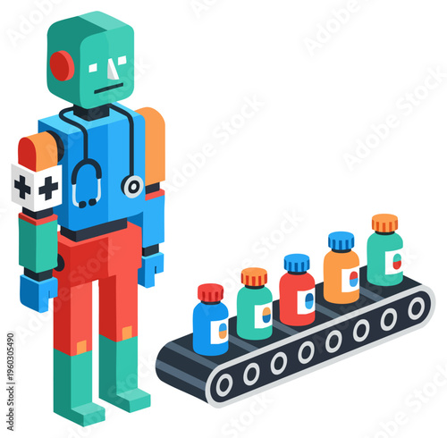 Isometric Medical Robot Doctor with Pills on a Conveyor Belt