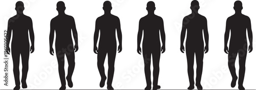 Six black silhouettes of a man walking in a sequence, showing different stages of a stride or step, male figure walking set.