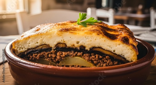 Traditional Greek Moussaka Served In A Rustic Ceramic Dish With Golden Brown Baked Top