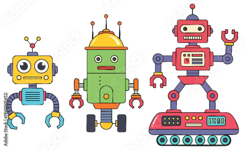 Collection of Three Colorful Cute Cartoon Retro Toy Robots Vector