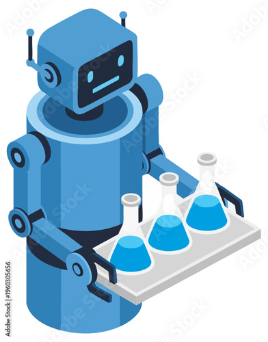 Isometric Blue Robot Scientist Holding Lab Flasks Vector Illustration