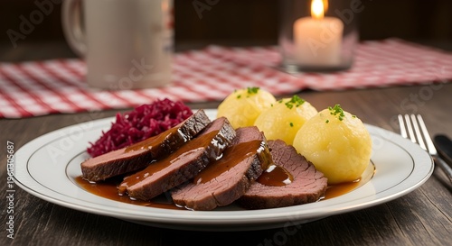Hearty Sliced Roast Meat Dinner with Gravy, Red Cabbage, and Potato Dumplings in a Cozy Setting