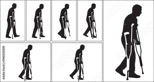 Silhouettes of a Man Walking with Crutches for Injury Recovery and Physical Rehabilitation.