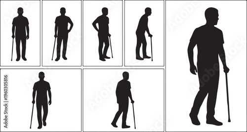 Silhouette set of a man using a walking stick or cane. Illustrations of mobility aids for elderly, injured, or disabled individuals in various walking and standing poses.