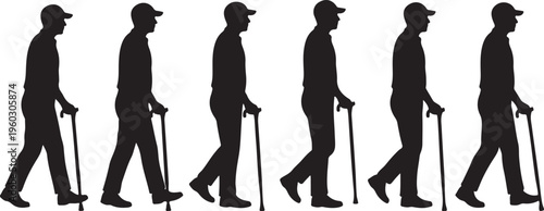 Silhouette Sequence of Man Walking with Cane for Gait Cycle Analysis, Physical Therapy Rehabilitation Stages of Movement and Mobility Aid Usage.